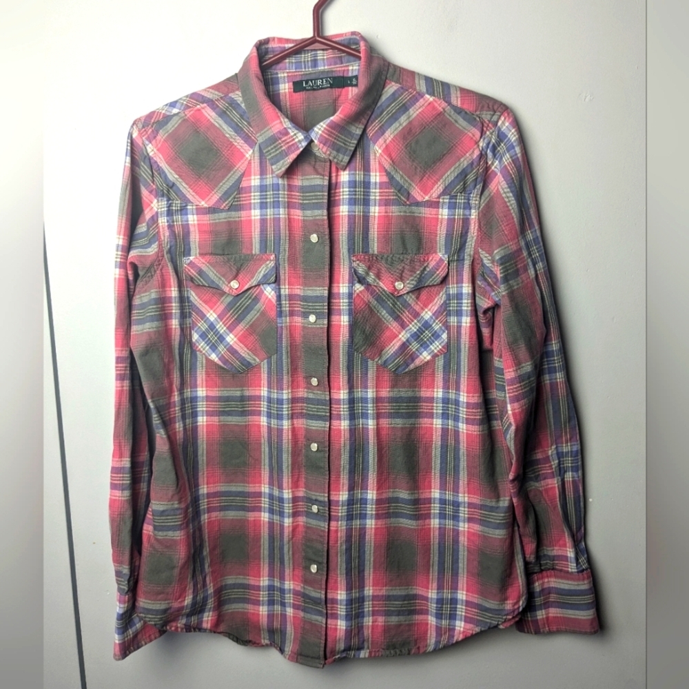 Lauren Ralph Lauren Pink and Green Plaid Button-Up Shirt